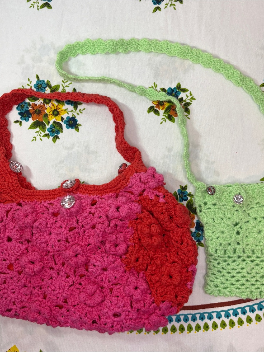 Handmade Crochet Shoulder Bag Light Green Coin Pouch Floral Grannycore Purses